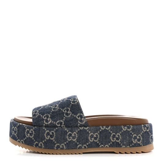 Amelia New Denim GG Monogram Angelina Platform 55mm Slide Sandals 36.5 Blue Tea