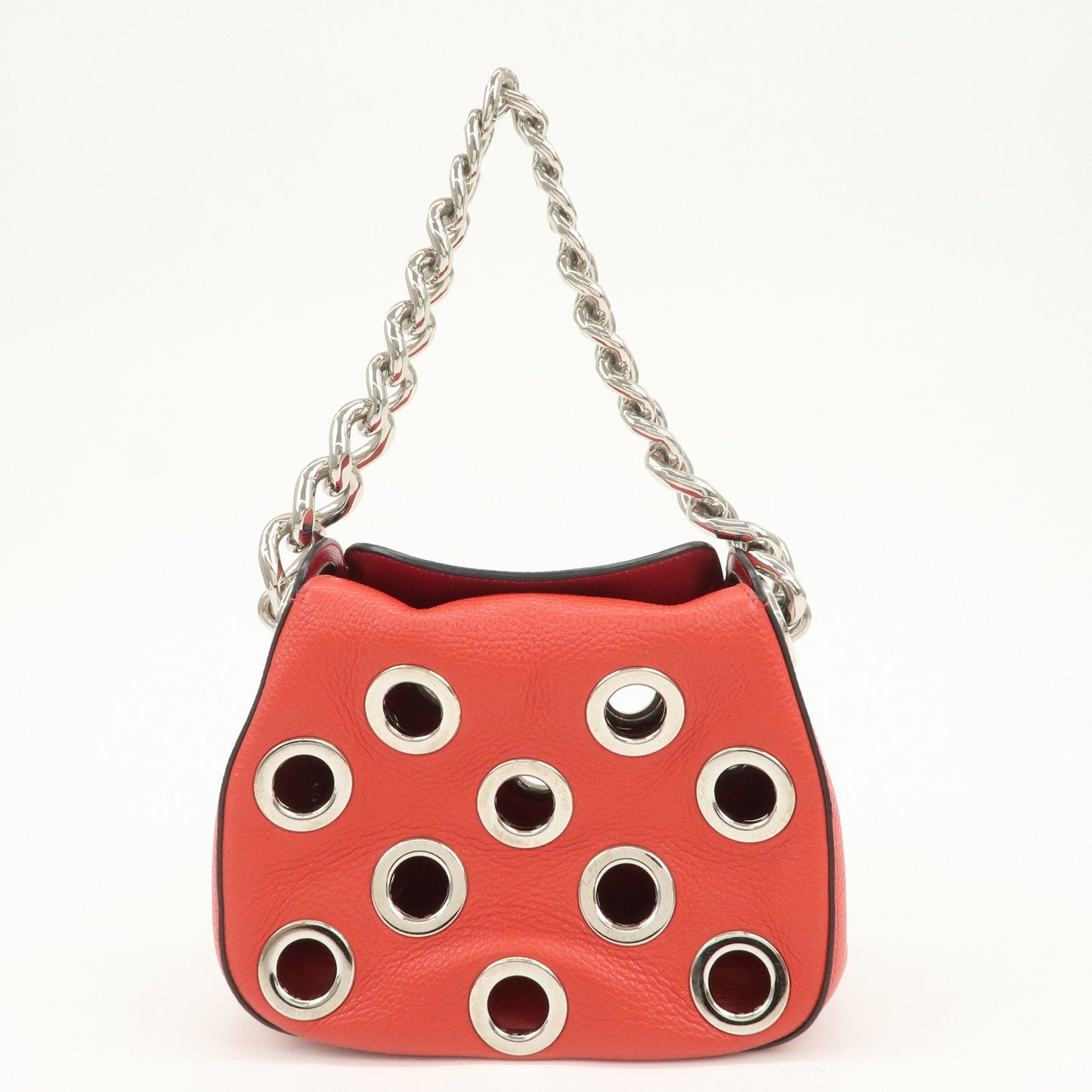 PRADA Logo Grommet Leather Chain Shoulder Bag Red Silver 1BA027