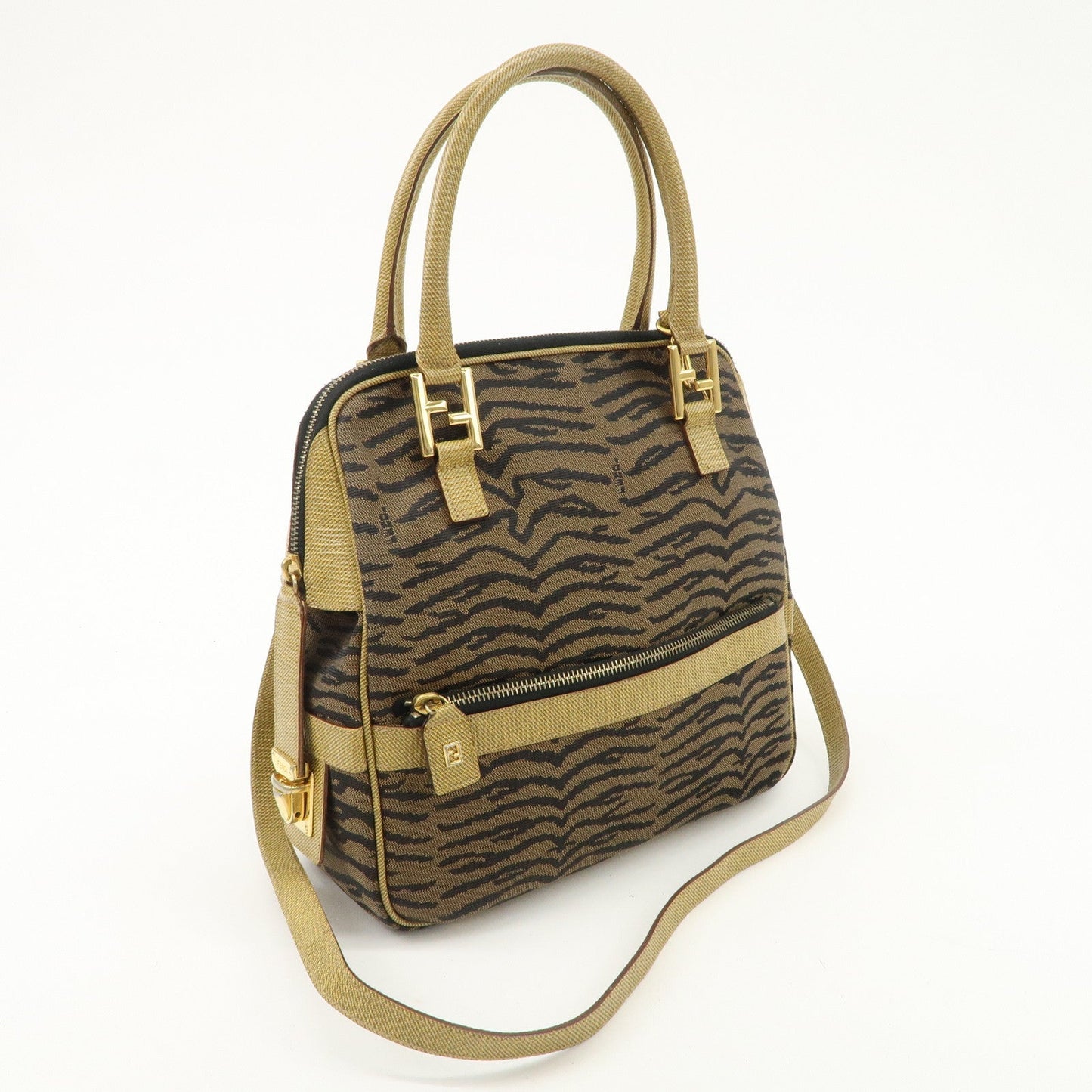 FENDI Leather Canvas 2Way Bag Hand Bag Zebra Print Black Brown  d