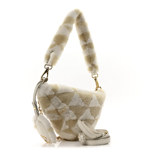 Prada Shearling Symbole Mini Triangle Bag Ecru White