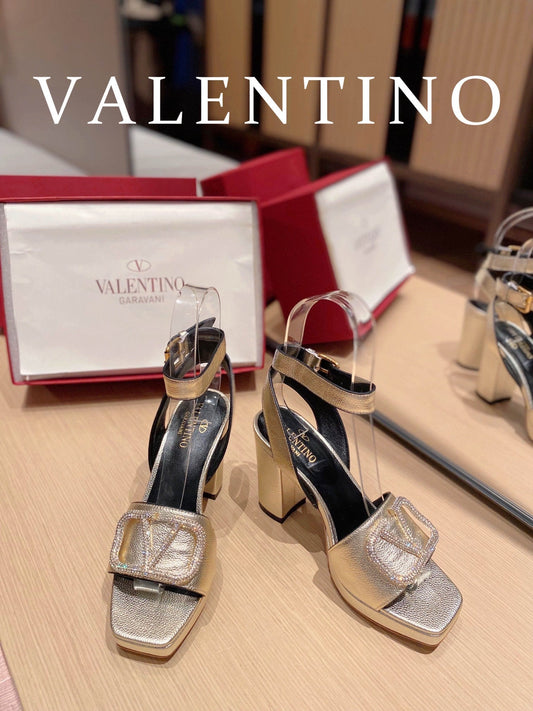 VAL -  Garavani Strap Heeled Sandals With V Logo Crystal Embellishment Gold For Women