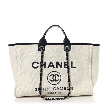 Amelia Woven Straw Raffia Extra Large Deauville Tote White Navy