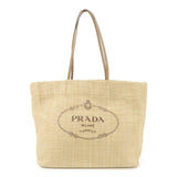 PRADA Leather Raffia Straw Tote Bag Shoulder Bag Beige  d