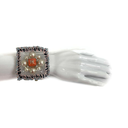 CHANEL Tweed Crochet PVC CC Supermarket Pearl Strass Orange Gripoix Clear Cuff