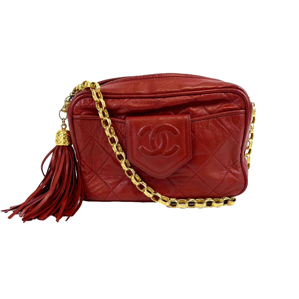 CHANEL   CC Red Lambskin Gold Chain Tassel Camera Bag Crossbody