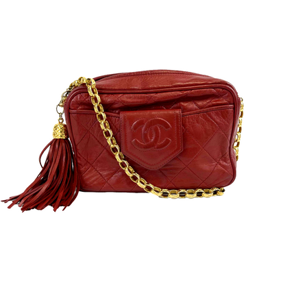 CHANEL   CC Red Lambskin Gold Chain Tassel Camera Bag Crossbody