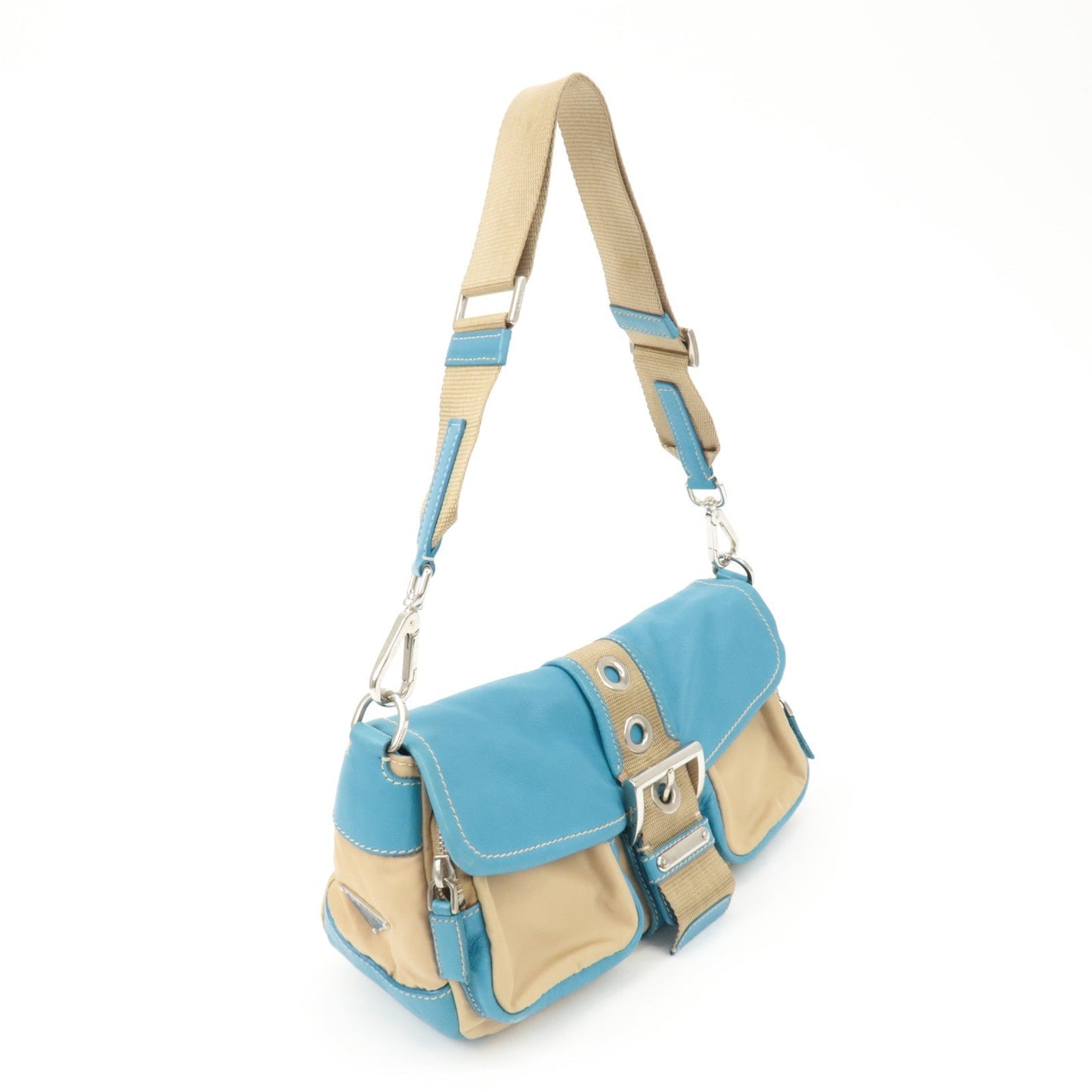 PRADA Nylon Leather Shoulder Bag Crossbody Bag Blue Beige BR2417  d