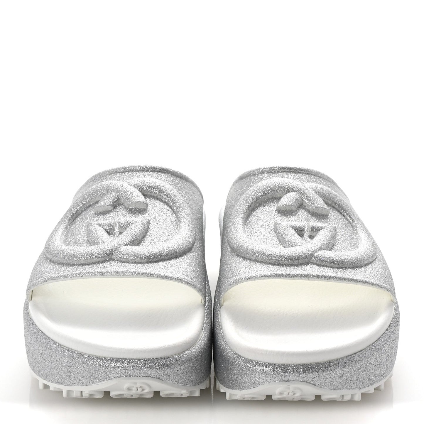 Amelia Glitter Rubber Womens InterLocking G Platform 42mm Slide Sandals 37 Silver