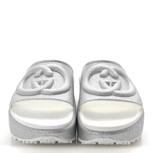 Amelia Glitter Rubber Womens InterLocking G Platform 42mm Slide Sandals 37 Silver