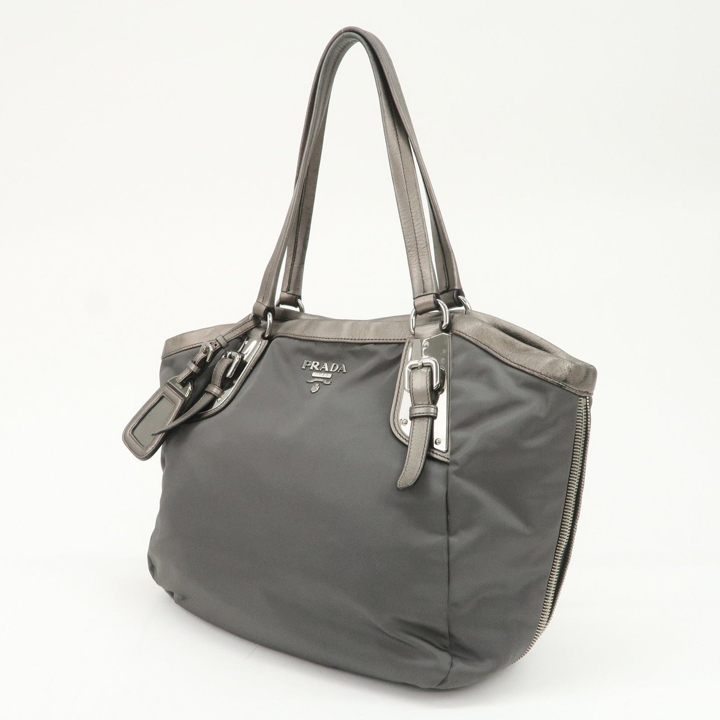 PRADA Logo Nylon Leather Tote Bag Shoulder Bag Gray BR4007