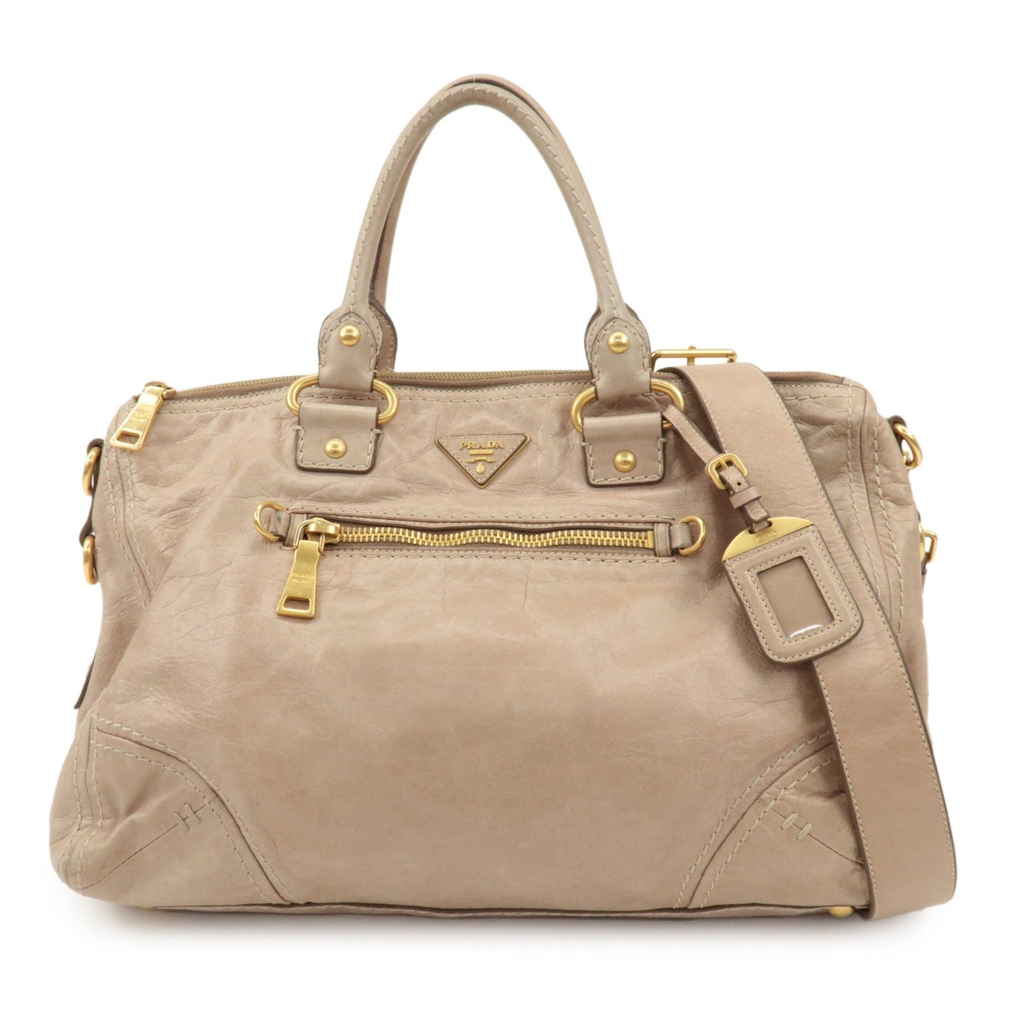 PRADA Triangle Logo Leather 2Way Bag Tote Bag Shoulder Bag Beige  d