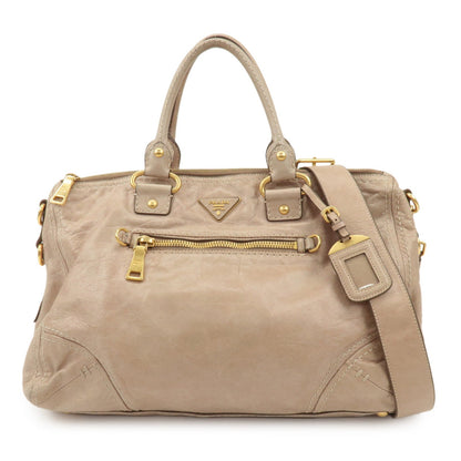 PRADA Triangle Logo Leather 2Way Bag Tote Bag Shoulder Bag Beige  d