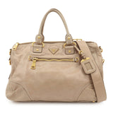PRADA Triangle Logo Leather 2Way Bag Tote Bag Shoulder Bag Beige  d