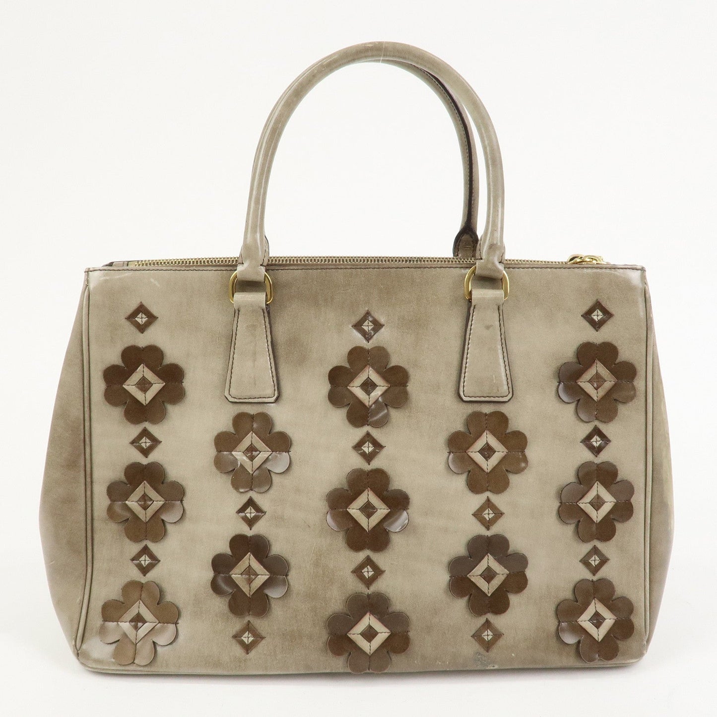 PRADA Patent Leather Flower Galleria 2Way Tote Bag Greige BB2274F