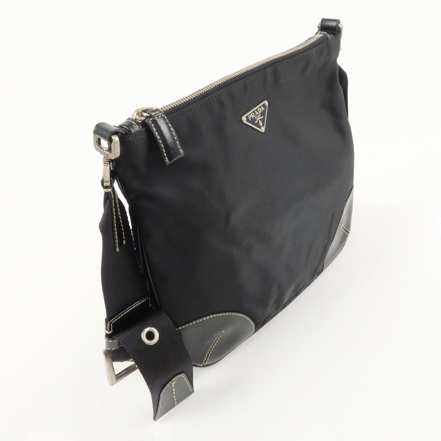 PRADA Triangle Logo Leather Nylon Shoulder Bag Crossbody Bag Black  d