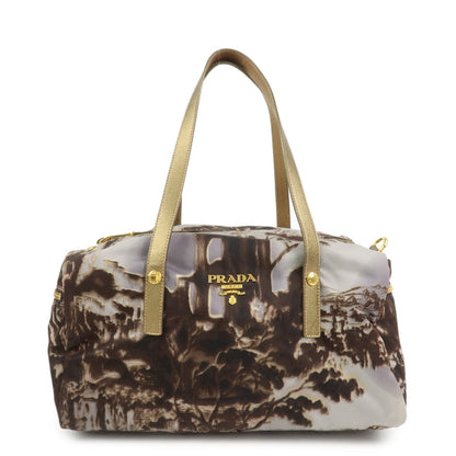 PRADA Logo Nylon Leather Boston Bag Shoulder Bag Gray Gold BL0567
