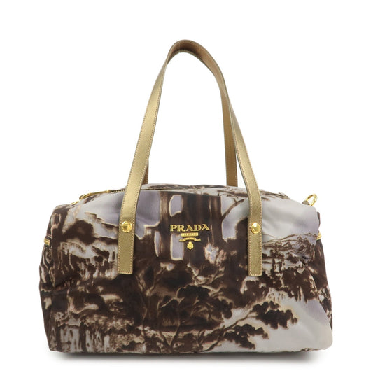 PRADA Logo Nylon Leather Boston Bag Shoulder Bag Gray Gold BL0567