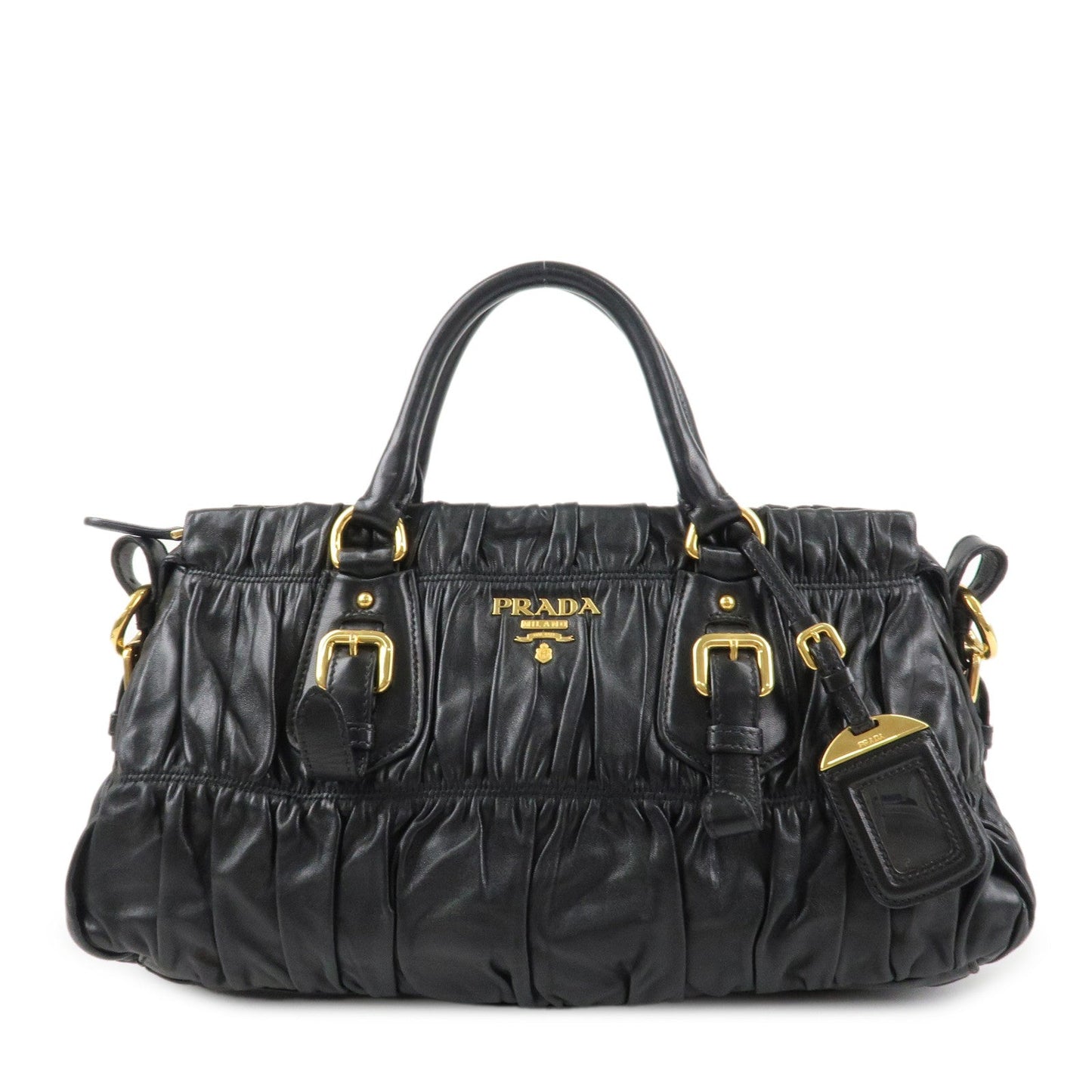 PRADA Logo Leather 2WAY Tote Bag Hand Bag Black Gold HDW B11091  d