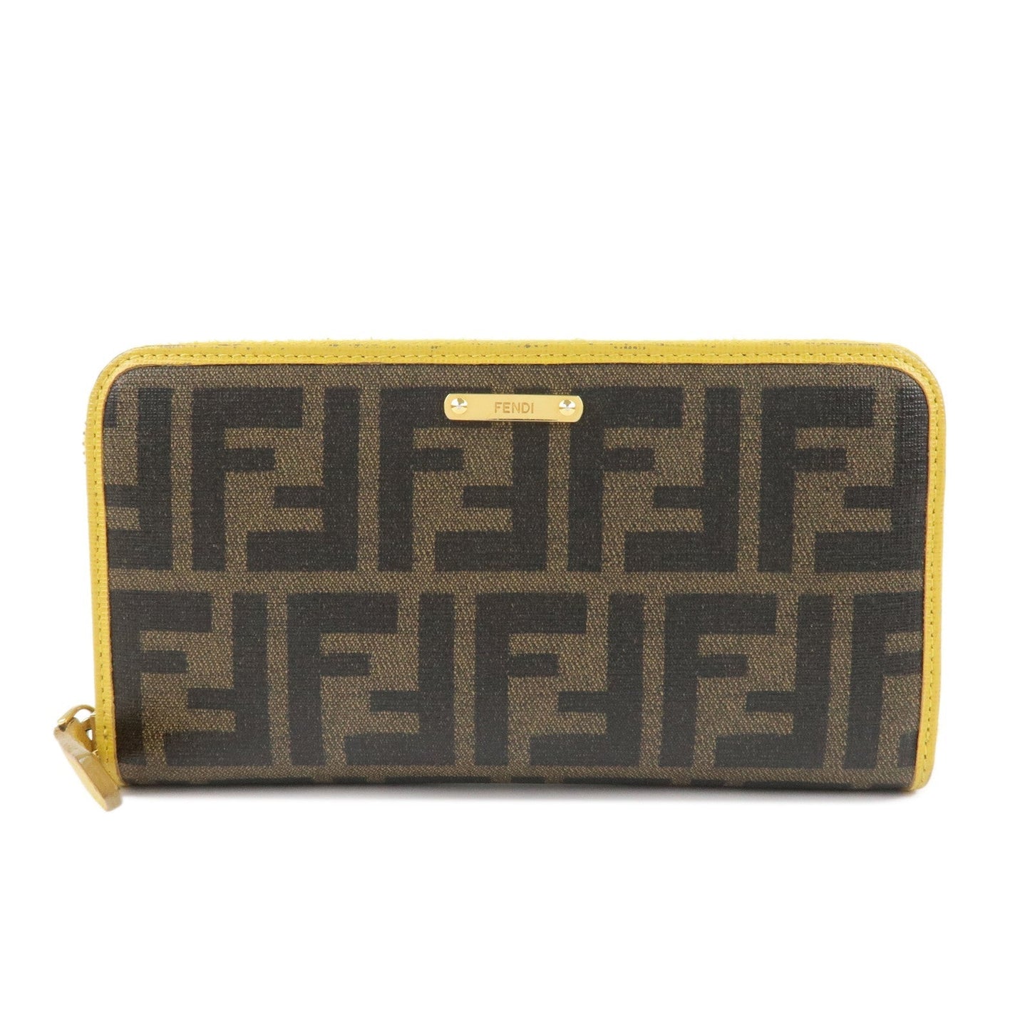 FENDI Zucca PVC Leather Round Zippy Long Wallet Brown Yellow 8M0299  d