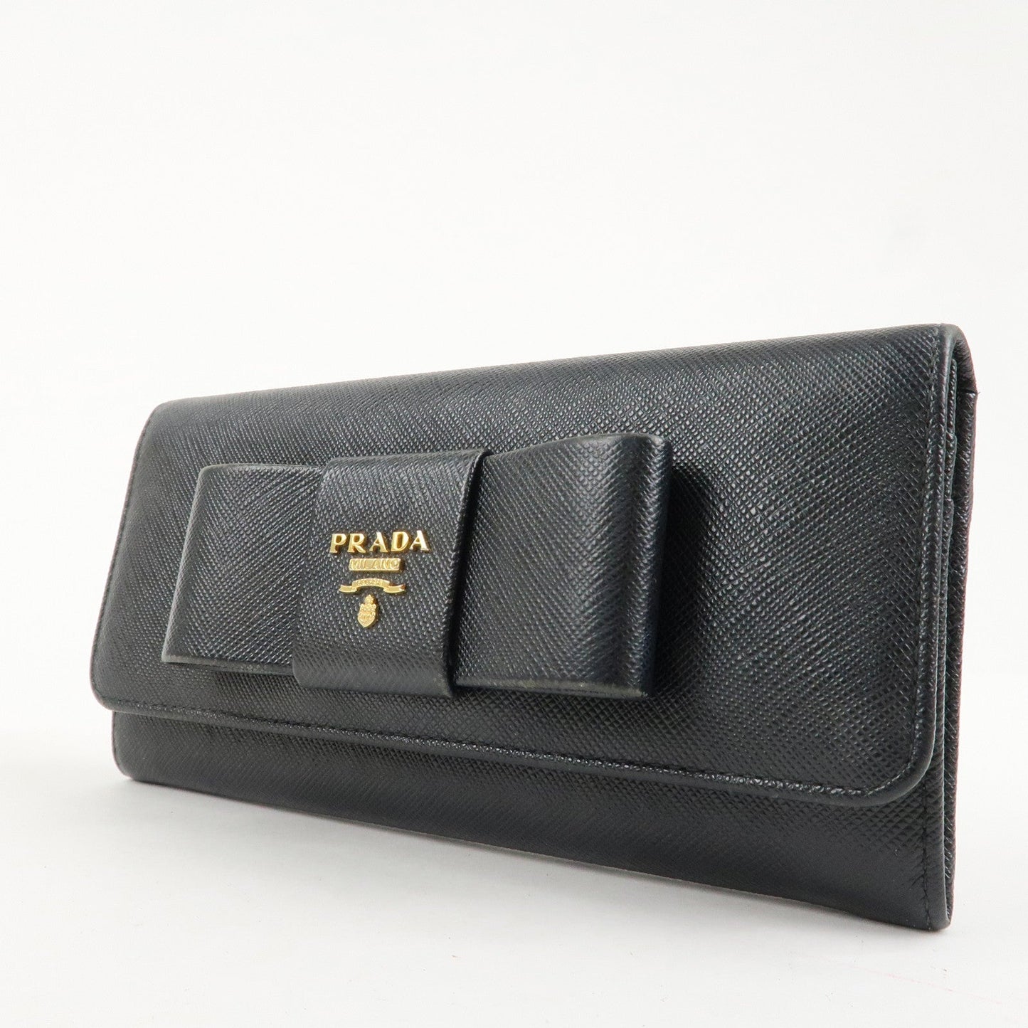 PRADA Saffiano Leather Flap Bi-Fold Long Wallet Black Gold 1MH132  d