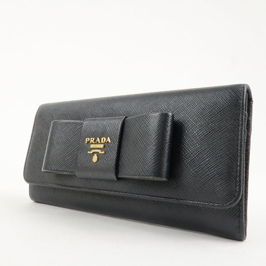 PRADA Saffiano Leather Flap Bi-Fold Long Wallet Black Gold 1MH132  d