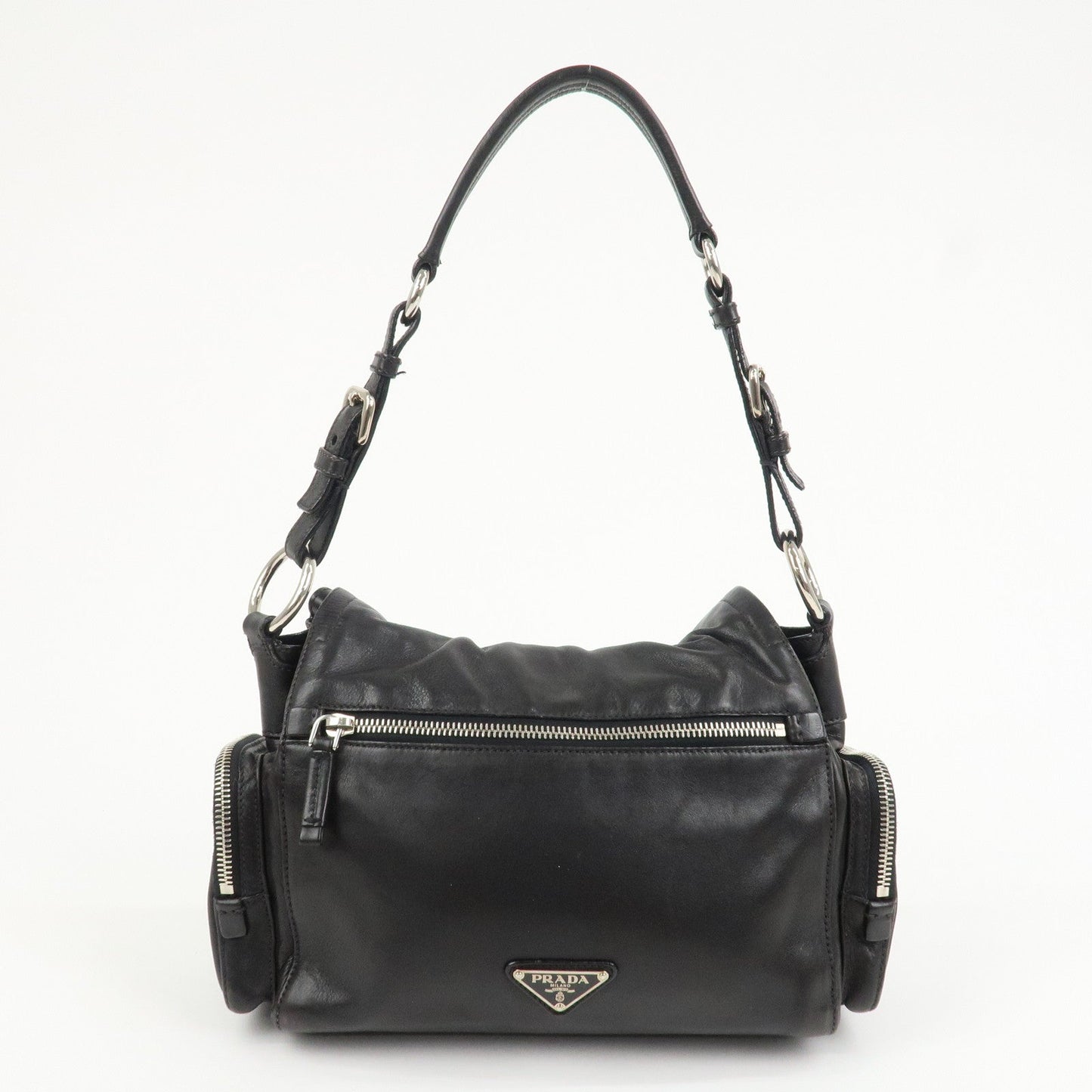 PRADA Triangle Logo Leather Calf Skin Shoulder Bag Black BR3307