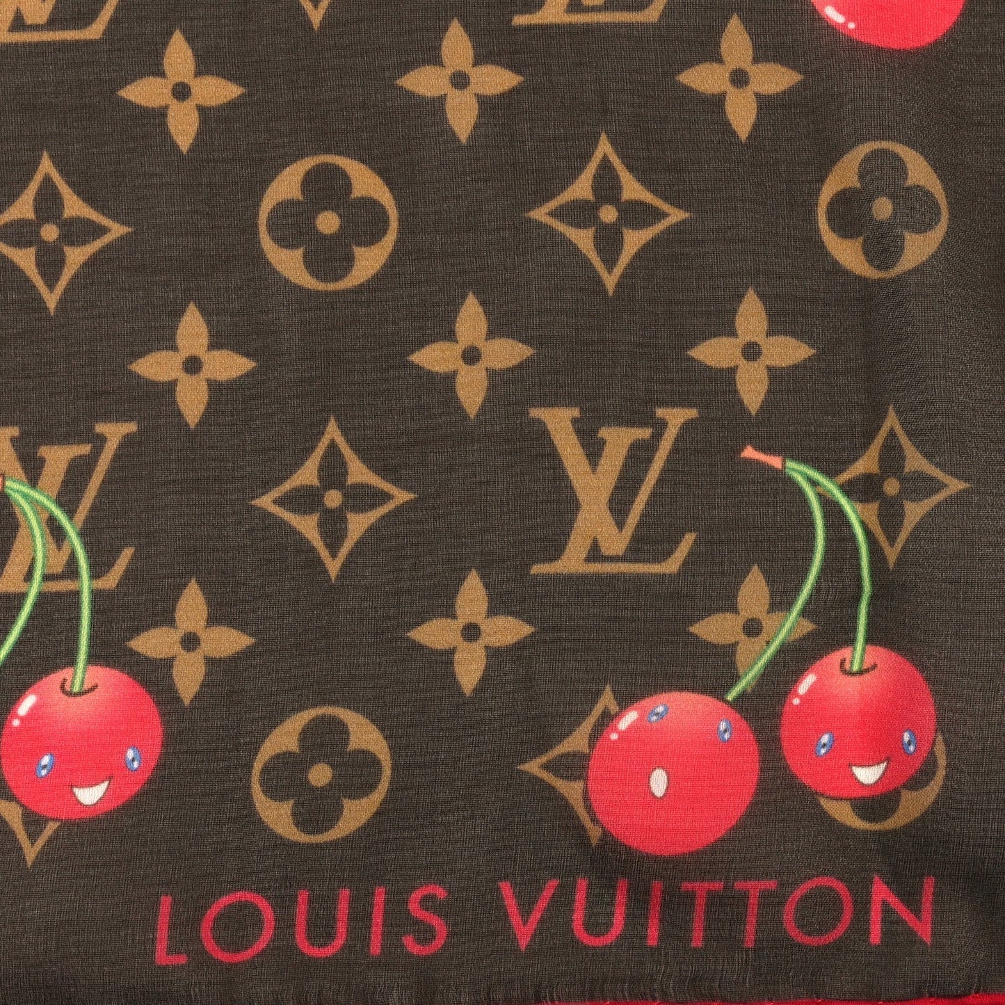 Louis Vuitton LV X TM Silk Cotton Monogram Cerises Square Scarf 55 Brown