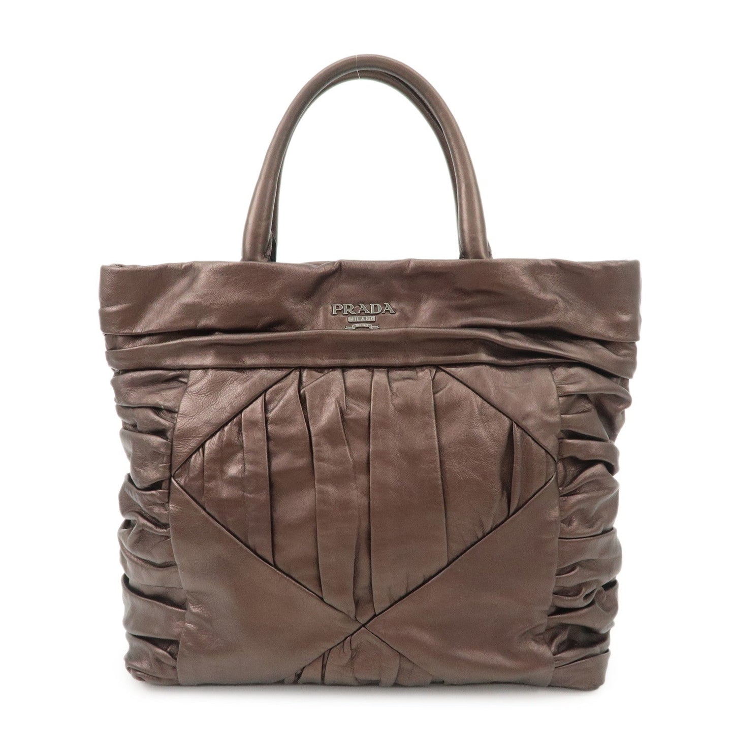 Prada Gathered Leather Tote Bag Hand Bag Bronze Silver HDW BN1719  d