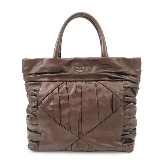 Prada Gathered Leather Tote Bag Hand Bag Bronze Silver HDW BN1719  d