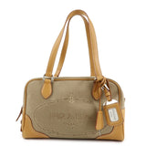 PRADA Logo Jacquard Leather Boston Bag Shoulder Bag Beige  d