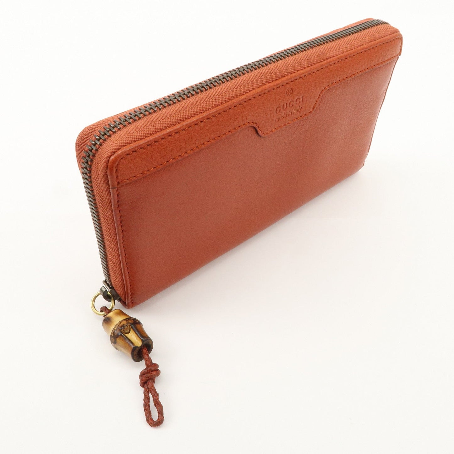 GUCCI Bamboo Leather Long Round Zippy Wallet Orange 339178  d