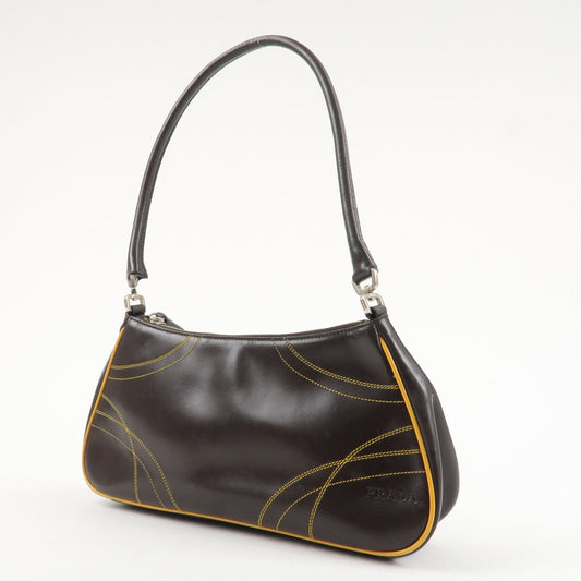 PRADA Logo Leather Shoulder Bag Hand Bag Brown Yellow B11055  d