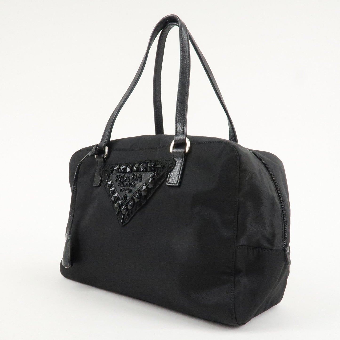 PRADA Evening Triangle Logo Leather Nylon Bijou Boston Bag Shoulder Bag  d