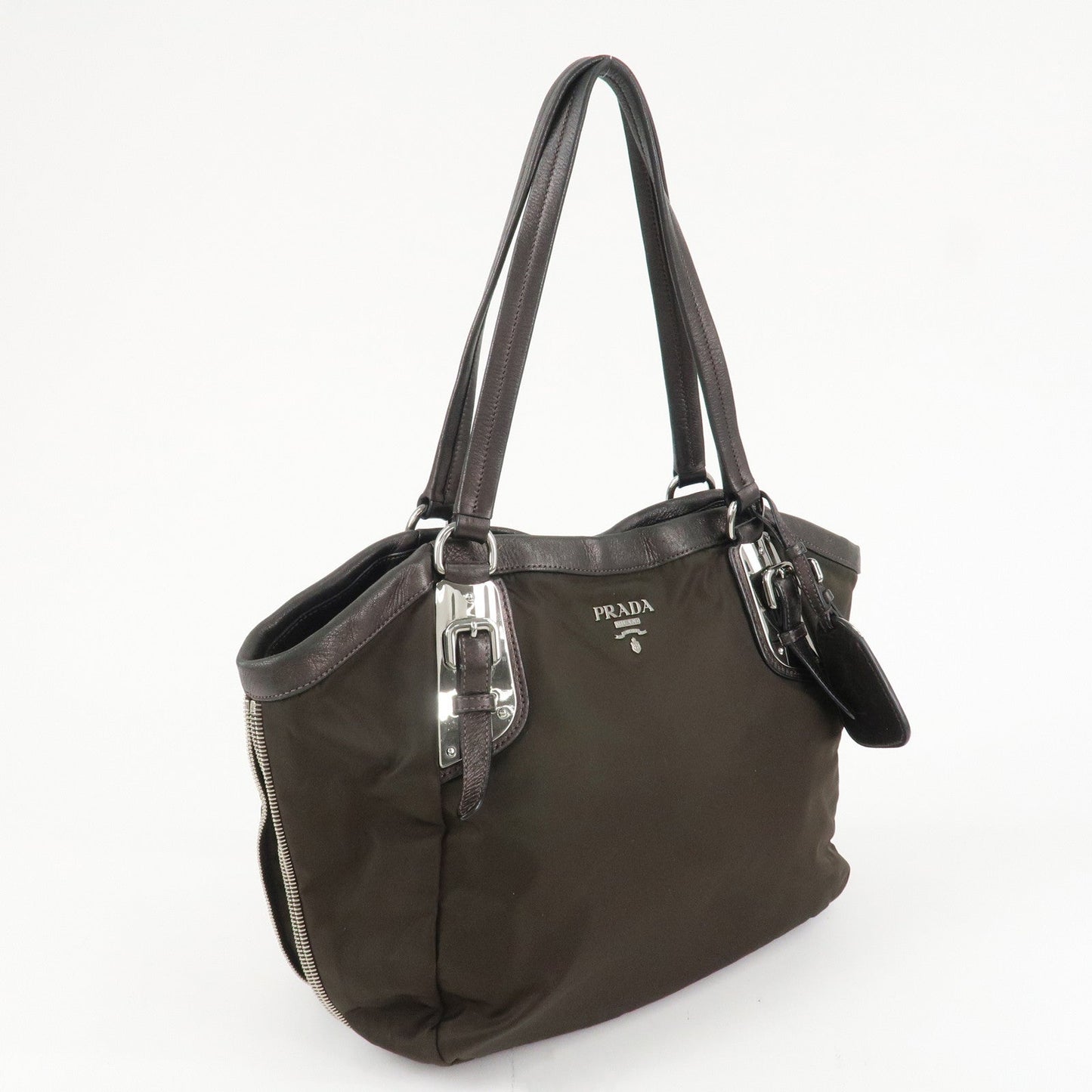 PRADA Logo Nylon Leather Tote Bag Shoulder Bag Khaki Metallic Brown  d