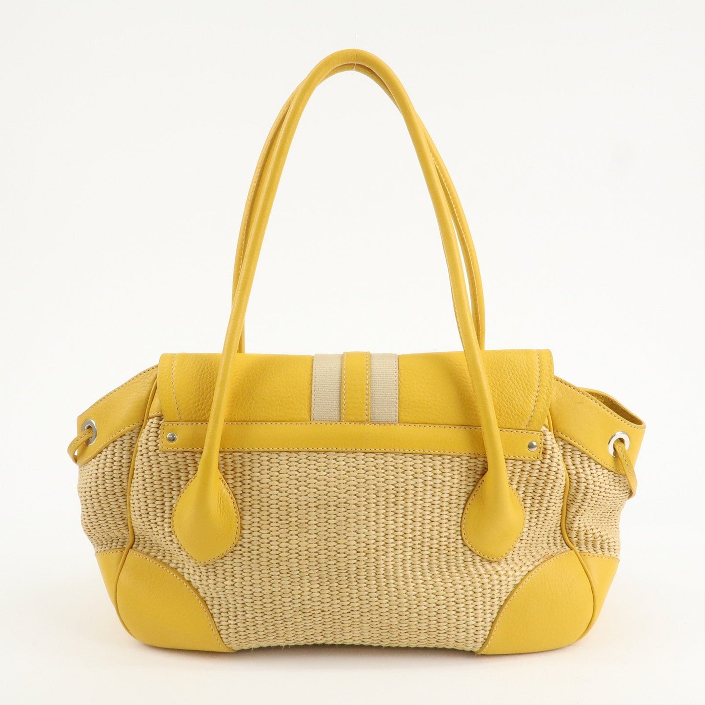 PRADA Triangle Logo Leather Raffia Tote Bag Beige Yellow  d