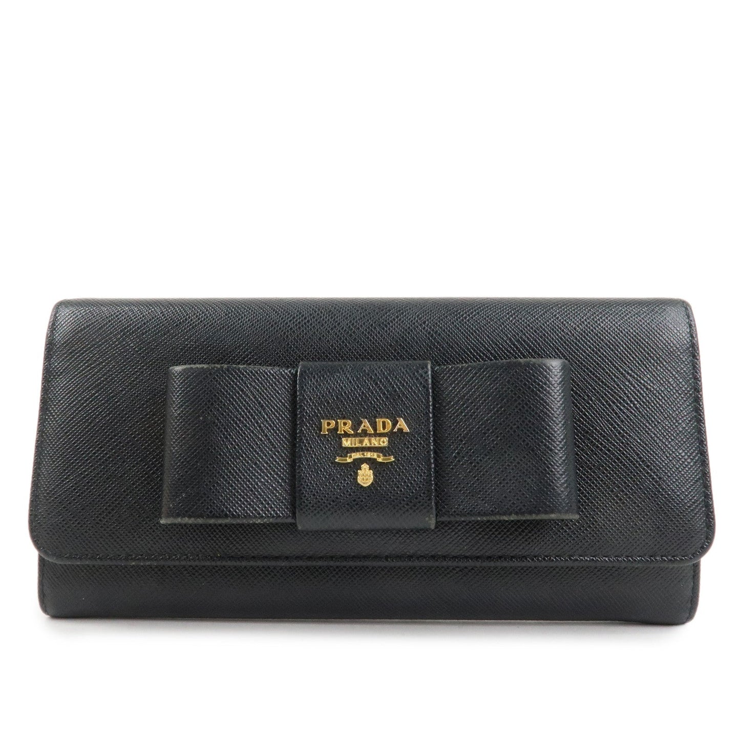 PRADA Saffiano Leather Flap Bi-Fold Long Wallet Black Gold 1MH132  d