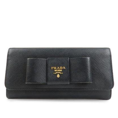 PRADA Saffiano Leather Flap Bi-Fold Long Wallet Black Gold 1MH132  d