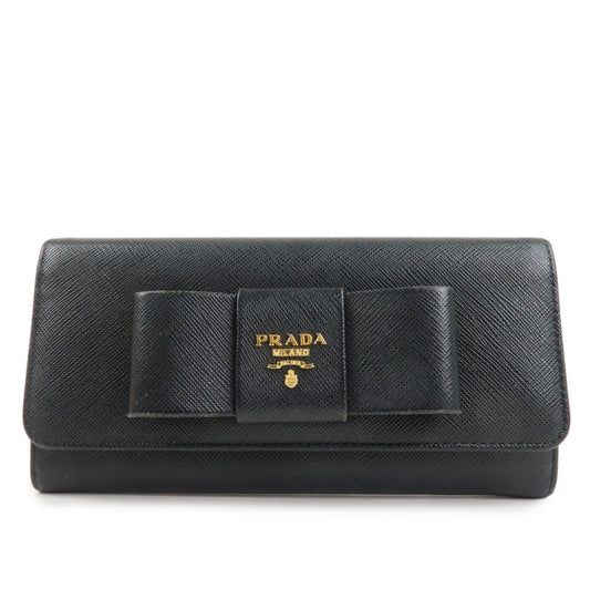 PRADA Saffiano Leather Flap Bi-Fold Long Wallet Black Gold 1MH132  d