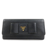 PRADA Saffiano Leather Flap Bi-Fold Long Wallet Black Gold 1MH132  d