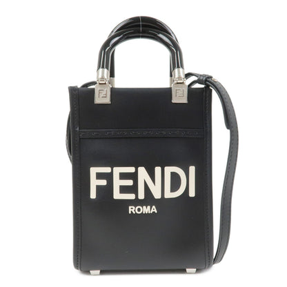 FENDI Leather Sunshine Shopper Small 2Way Bag Hand Bag Black 8BS051