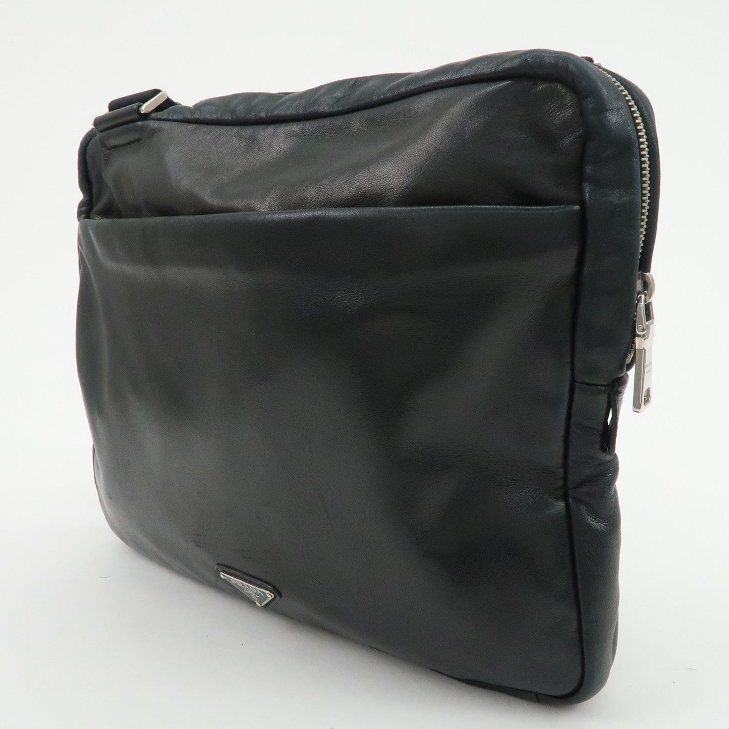 PRADA Triangle Logo Lamb Skin Canvas Shoulder Crossbody Bag Black