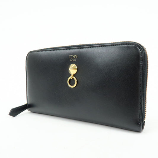 FENDI Leather Round Zippy Long Wallet Black 8M0299