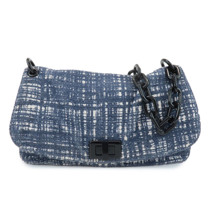 PRADA Tweed Leather Plastic Chain Shoulder Bag Navy White BR4874  d