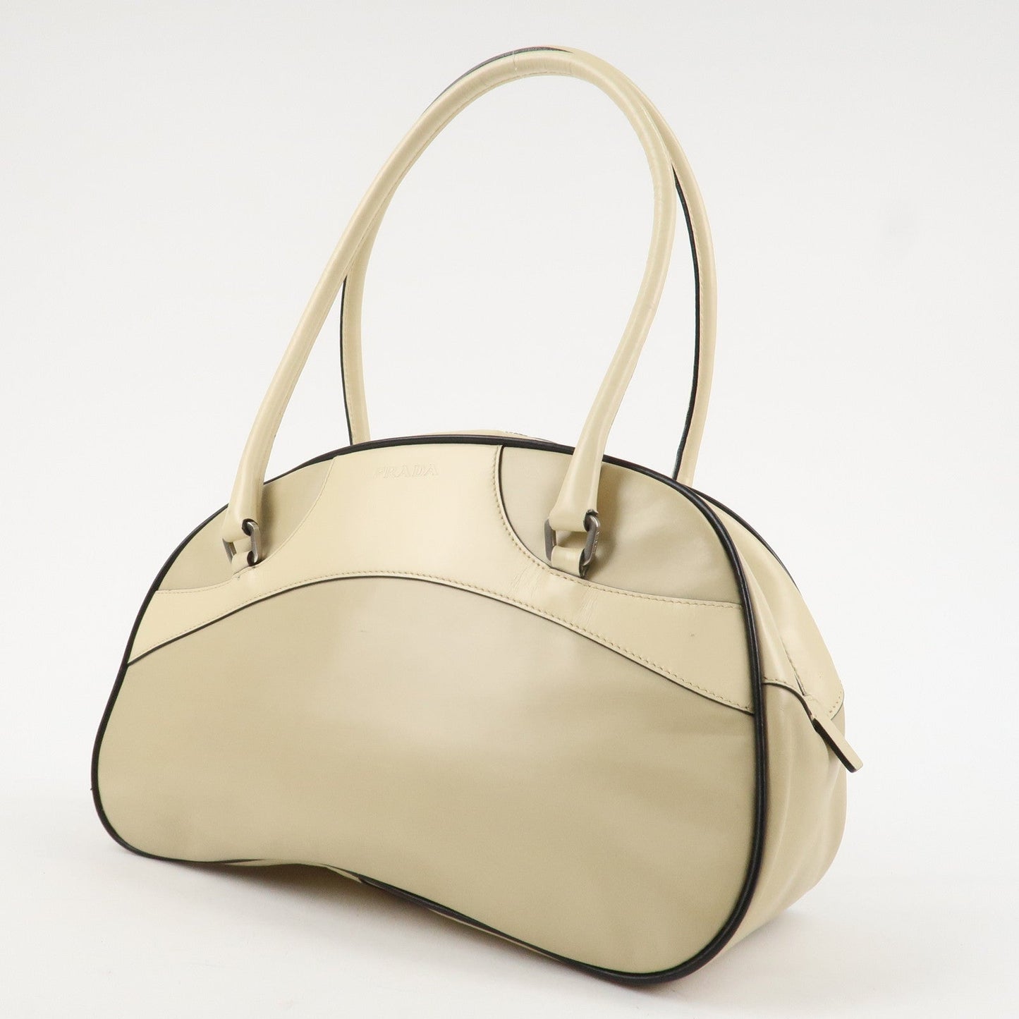 PRADA Leather Bowling Bag Boston Bag Ivory Silver Hardware BL0049  d
