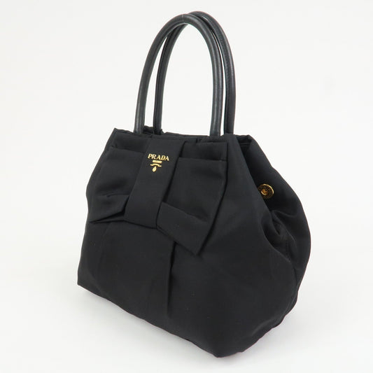 PRADA Nylon Leather Ribbon Hand Bag Tote Bag Black BN1601