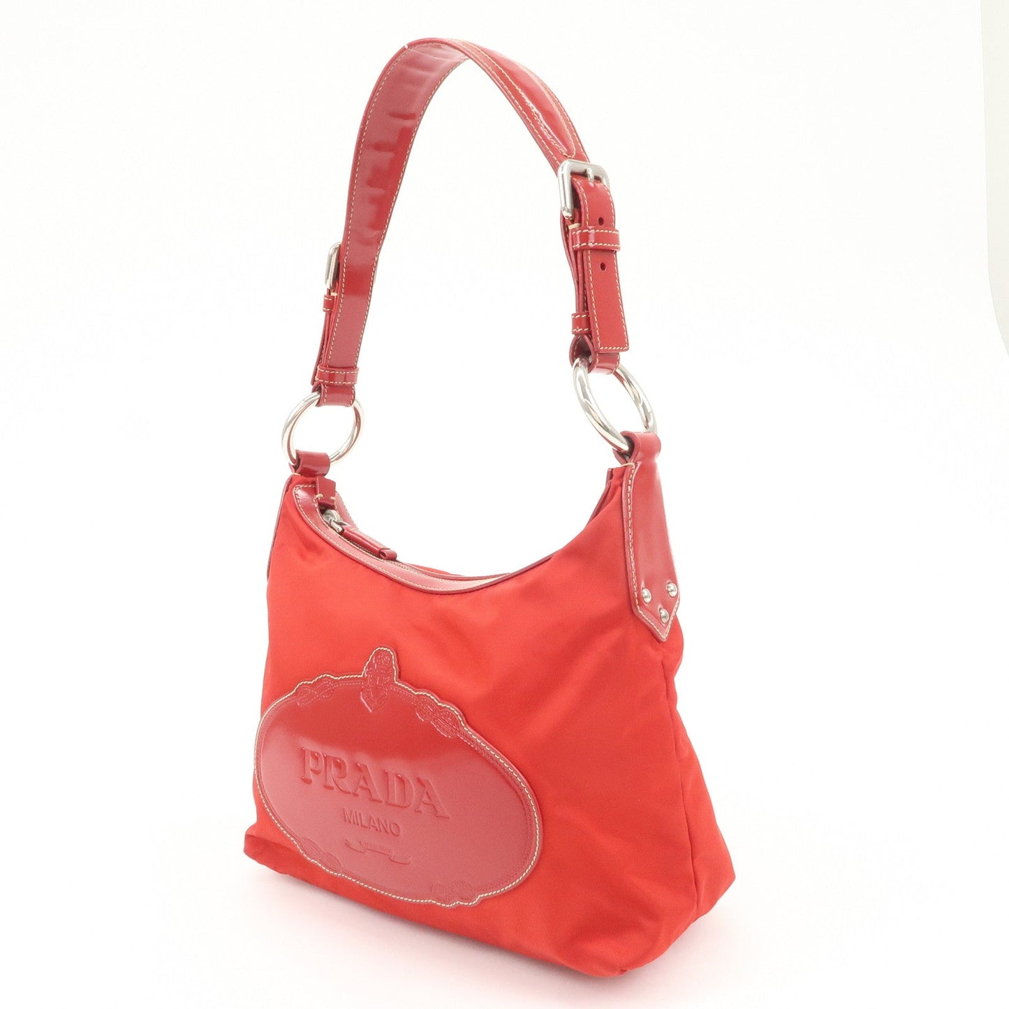 PRADA Logo Nylon Leather Shoulder Bag  Silver HDW Red  d