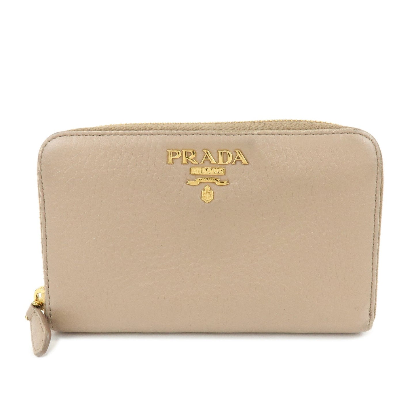 PRADA Calf Leather Compact Round Zippy Wallet Beige Gold