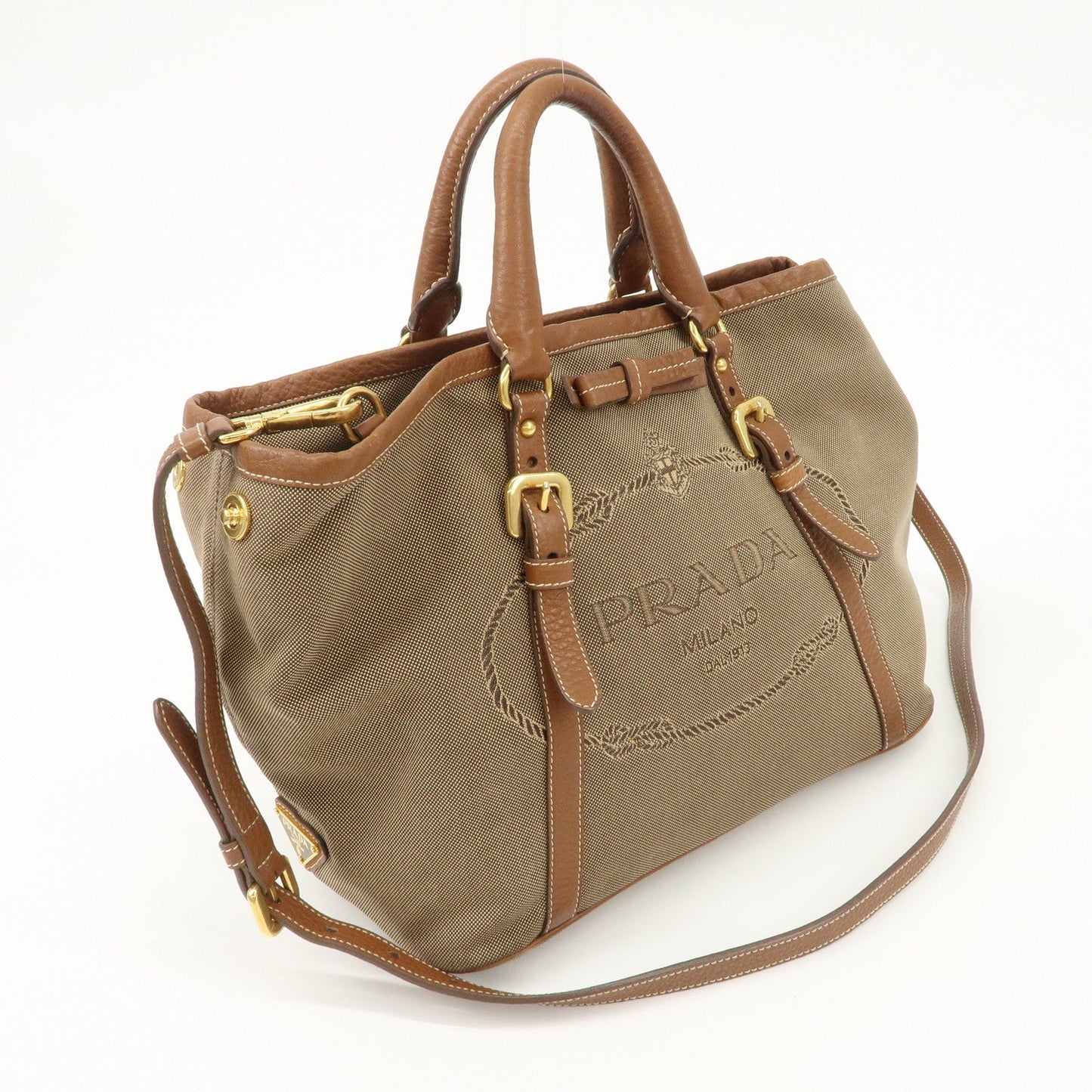 PRADA  Leather Logo Jacquard Tote Bag Ribbon Beige Brown BN1841  d