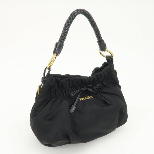 PRADA Nylon Leather Gathered Ribbon Shoulder Bag Hand Bag BR4237