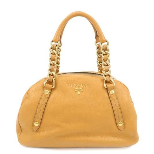 PRADA Logo Leather Chain Shoulder Bag Boston Bag Hand Bag Camel BL0692  d